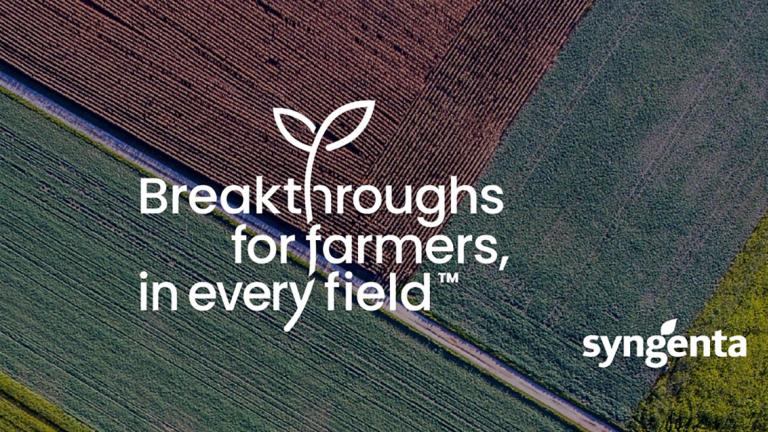 Logótipo da Syngenta com o slogan “Breakthroughs for farmers, in every field” sobre campo colorido